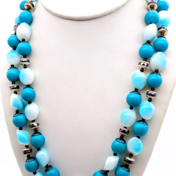 Double Strand Blue and Black Necklace, Mid Century Vintage, Funky Plastic Beads - Picture 3 of 4